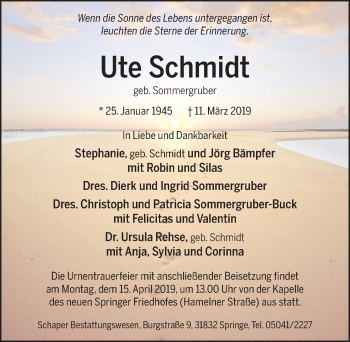 Traueranzeige von Ute Schmidt von Hannoversche Allgemeine Zeitung/Neue Presse