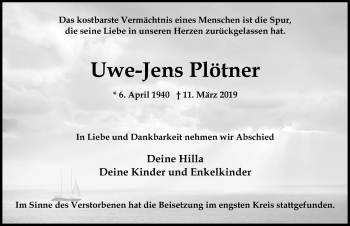 Traueranzeige von Uwe-Jens Plötner von Lübecker Nachrichten