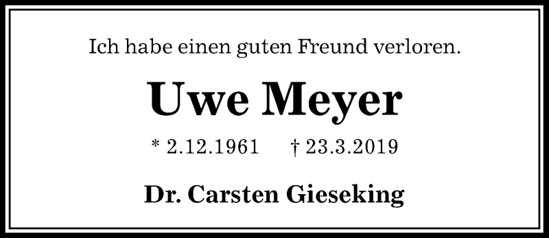  Traueranzeige für Uwe Meyer vom 26.03.2019 aus Aller Zeitung