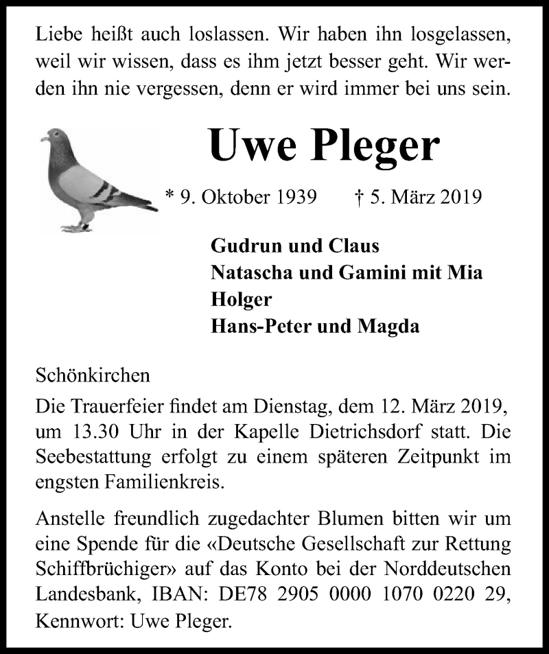  Traueranzeige für Uwe Pleger vom 09.03.2019 aus Kieler Nachrichten