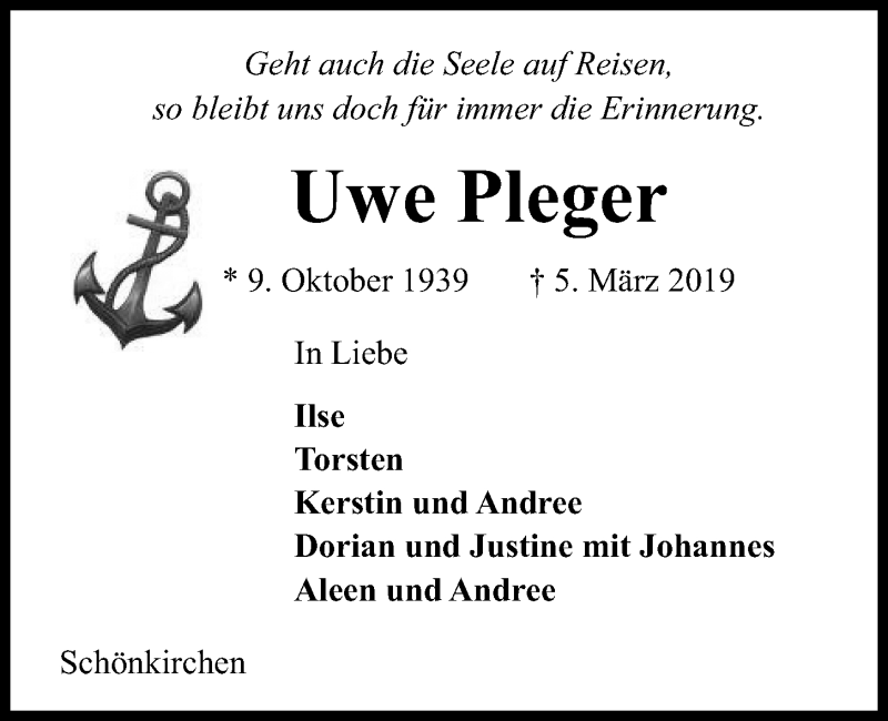  Traueranzeige für Uwe Pleger vom 09.03.2019 aus Kieler Nachrichten