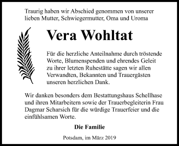 Traueranzeige von Vera Wohltat von Märkischen Allgemeine Zeitung