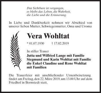 Traueranzeige von Vera Wohltat von Märkischen Allgemeine Zeitung