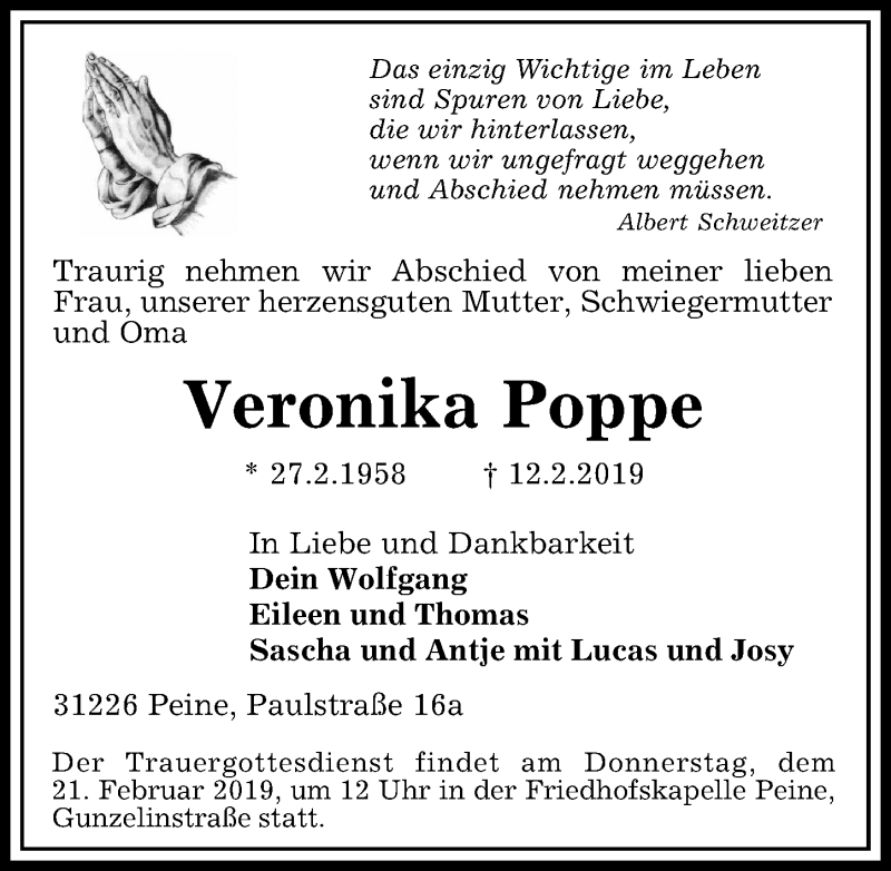  Traueranzeige für Veronika Poppe vom 16.02.2019 aus Peiner Allgemeine Zeitung