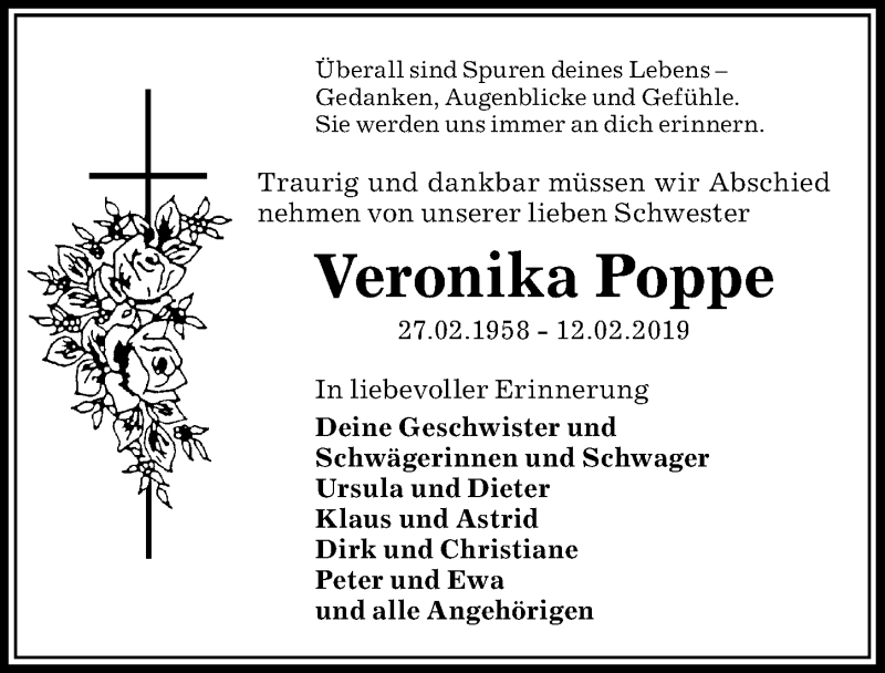  Traueranzeige für Veronika Poppe vom 19.02.2019 aus Peiner Allgemeine Zeitung