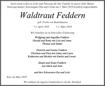 Traueranzeige von Waldtraut Feddern von Kieler Nachrichten