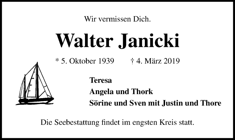 Traueranzeige für Walter Janicki vom 10.03.2019 aus Lübecker Nachrichten