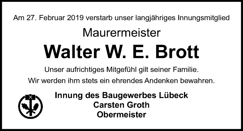  Traueranzeige für Walter W. E. Brott vom 17.03.2019 aus Lübecker Nachrichten