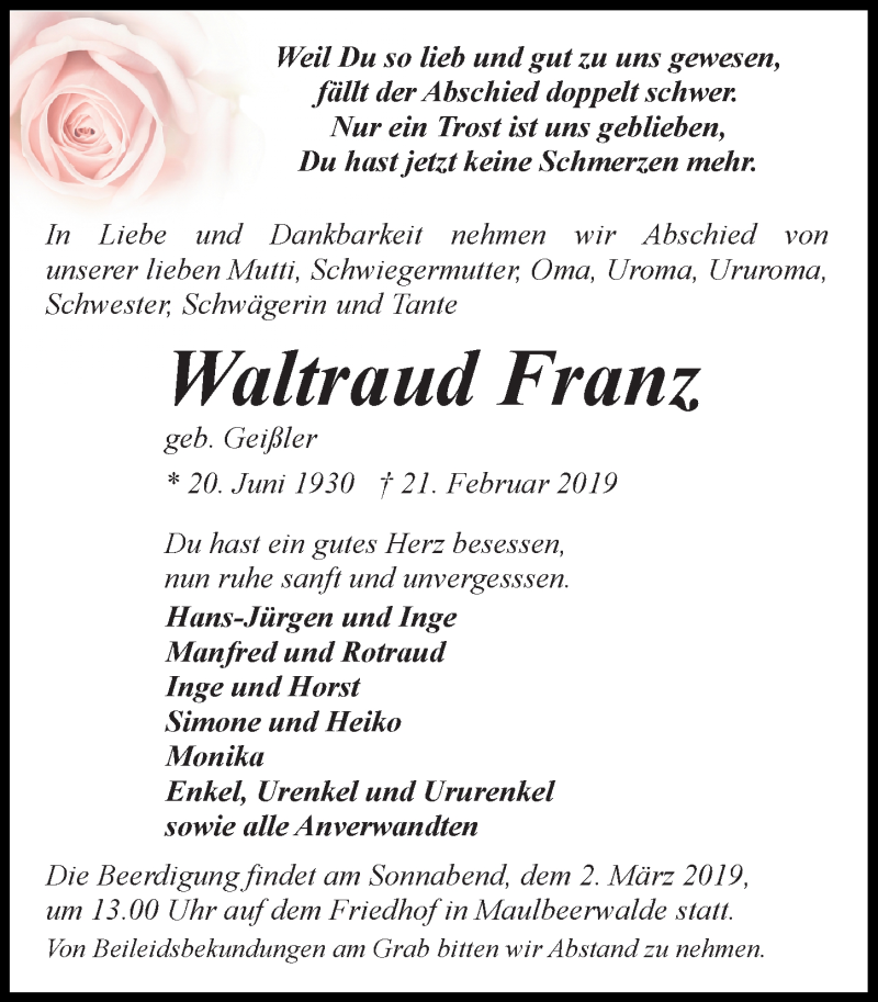  Traueranzeige für Waltraud Franz vom 26.02.2019 aus Märkischen Allgemeine Zeitung