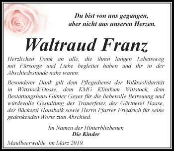 Traueranzeige von Waltraud Franz von Märkischen Allgemeine Zeitung