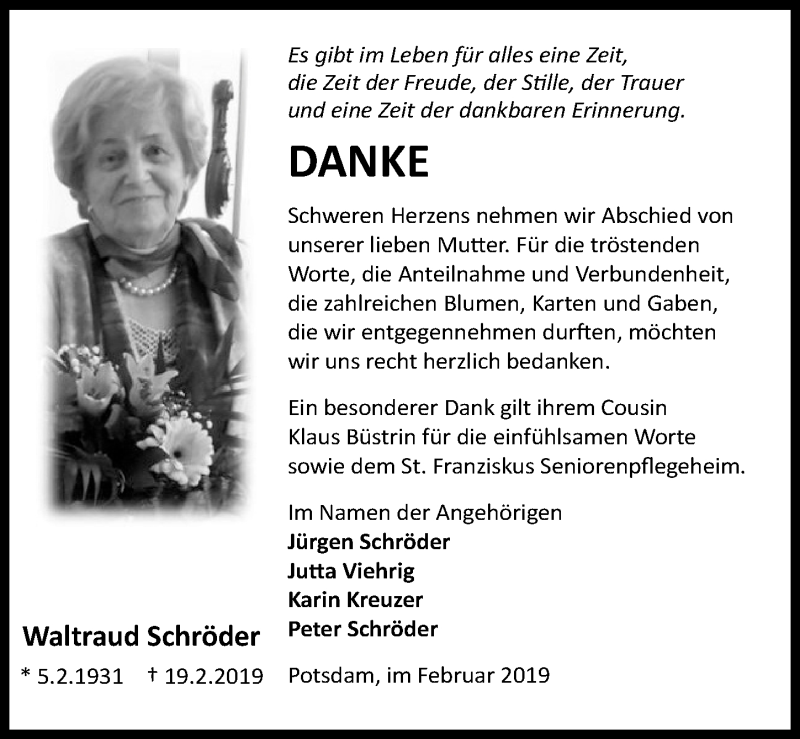  Traueranzeige für Waltraud Schröder vom 30.03.2019 aus Märkischen Allgemeine Zeitung