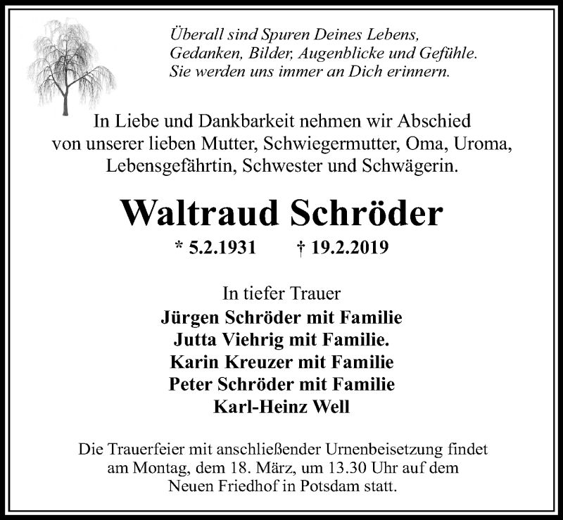  Traueranzeige für Waltraud Schröder vom 02.03.2019 aus Märkischen Allgemeine Zeitung
