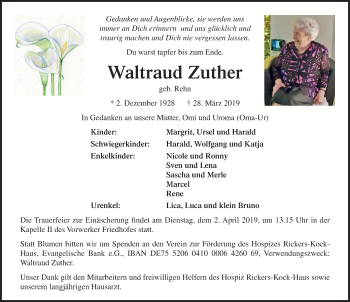 Traueranzeige von Waltraud Zuther von Lübecker Nachrichten