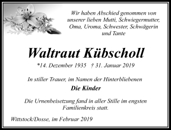 Traueranzeige von Waltraut Kübscholl von Märkischen Allgemeine Zeitung