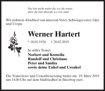 Traueranzeige von Werner Hartert von Märkischen Allgemeine Zeitung