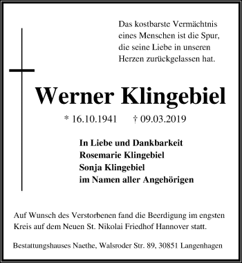 Traueranzeige von Werner Klingebiel von Hannoversche Allgemeine Zeitung/Neue Presse