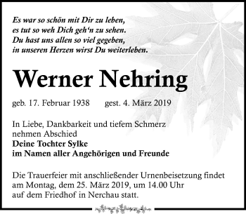 Traueranzeige von Werner Nehring von Leipziger Volkszeitung