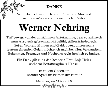 Traueranzeige von Werner Nehring von Leipziger Volkszeitung