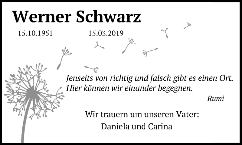  Traueranzeige für Werner Schwarz vom 20.03.2019 aus Hannoversche Allgemeine Zeitung/Neue Presse