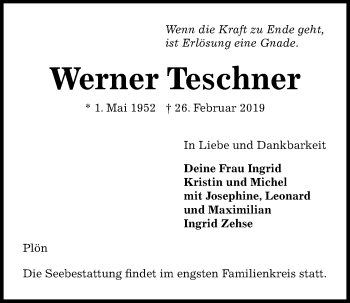 Traueranzeige von Werner Teschner von Kieler Nachrichten