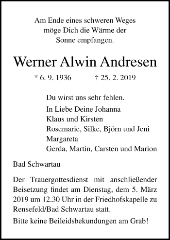 Traueranzeige von Werner Alwin Andresen von Lübecker Nachrichten