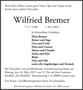 Traueranzeige von Wilfried Bremer von Hannoversche Allgemeine Zeitung/Neue Presse