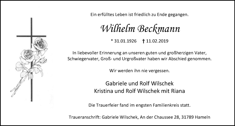  Traueranzeige für Wilhelm Beckmann vom 19.02.2019 aus Peiner Allgemeine Zeitung