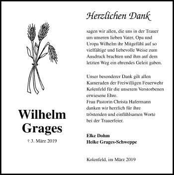 Traueranzeige von Wilhelm Grages von Hannoversche Allgemeine Zeitung/Neue Presse