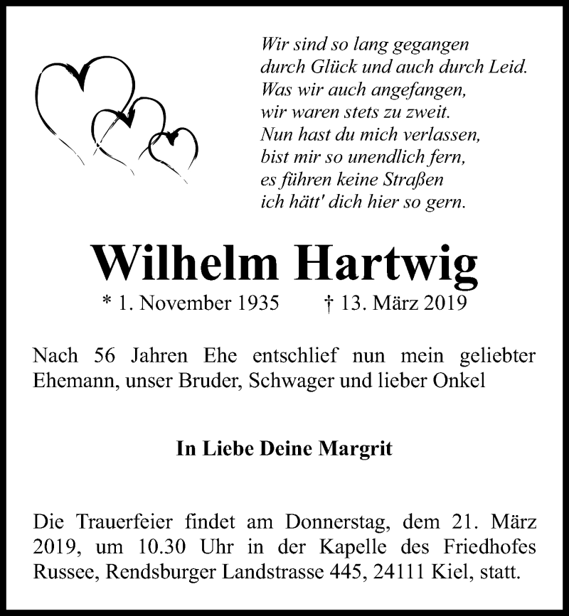  Traueranzeige für Wilhelm Hartwig vom 19.03.2019 aus Kieler Nachrichten