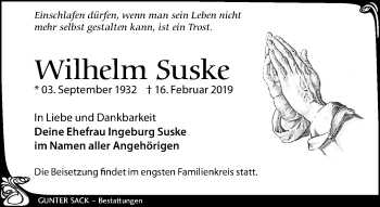 Traueranzeige von Wilhelm Suske von Leipziger Volkszeitung