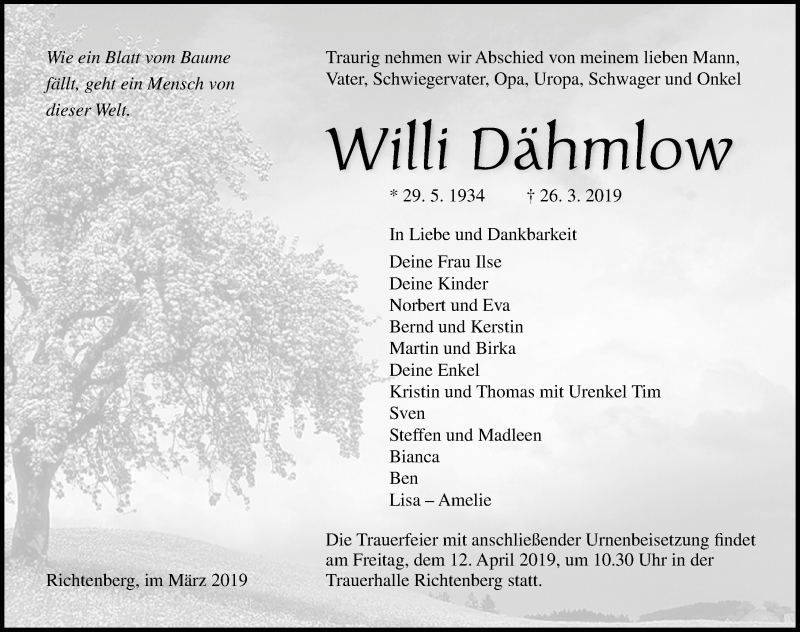  Traueranzeige für Willi Dähmlow vom 30.03.2019 aus Ostsee-Zeitung GmbH