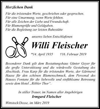 Traueranzeige von Willi Fleischer von Märkischen Allgemeine Zeitung
