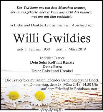 Traueranzeige von Willi Gwildies von Leipziger Volkszeitung