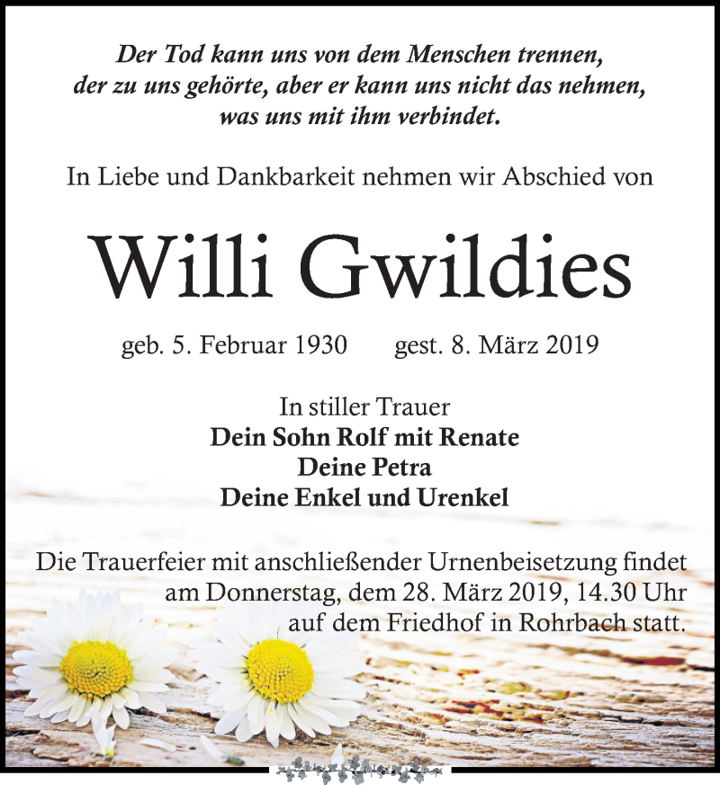  Traueranzeige für Willi Gwildies vom 16.03.2019 aus Leipziger Volkszeitung