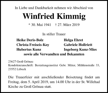 Traueranzeige von Winfried Kimmig von Lübecker Nachrichten