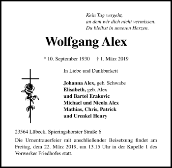 Traueranzeige von Wolfgang Alex von Lübecker Nachrichten