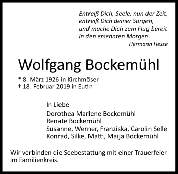 Traueranzeige von Wolfgang Bockemühl von Kieler Nachrichten