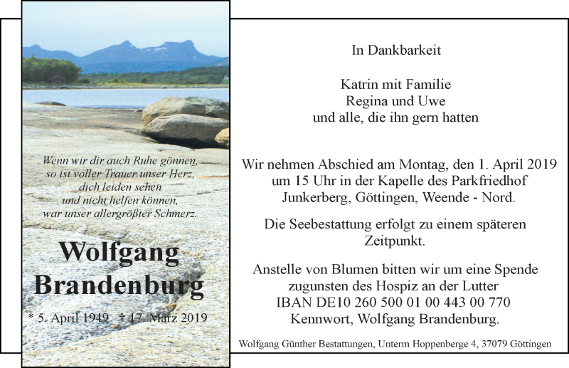  Traueranzeige für Wolfgang Brandenburg vom 23.03.2019 aus Göttinger Tageblatt