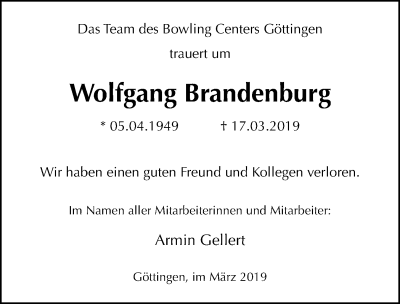  Traueranzeige für Wolfgang Brandenburg vom 23.03.2019 aus Göttinger Tageblatt