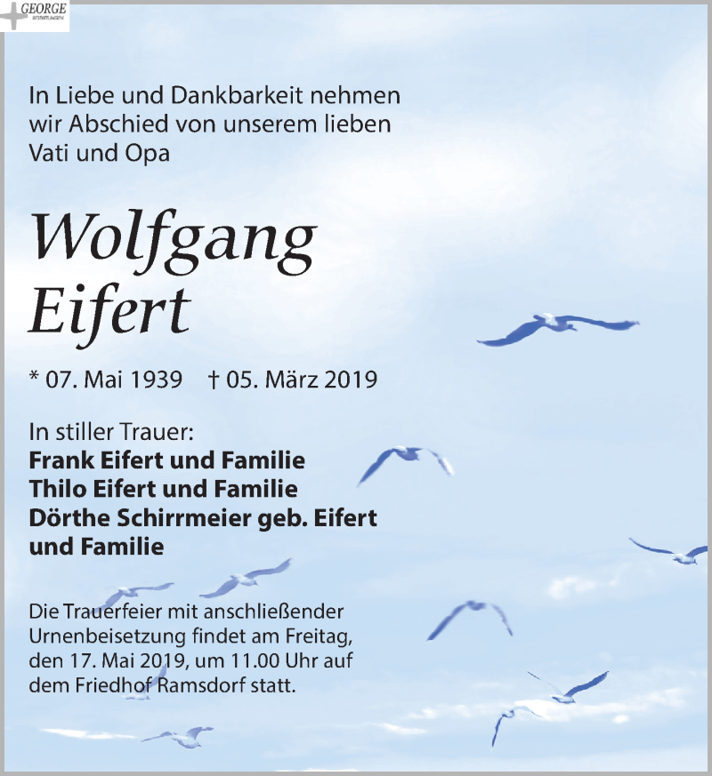  Traueranzeige für Wolfgang Eifert vom 16.03.2019 aus Leipziger Volkszeitung