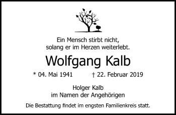 Traueranzeige von Wolfgang Kalb von Ostsee-Zeitung GmbH