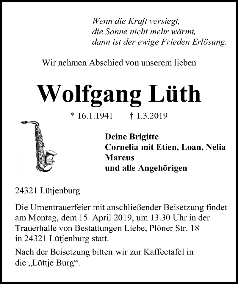  Traueranzeige für Wolfgang Lüth vom 09.03.2019 aus Kieler Nachrichten