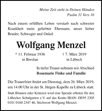 Traueranzeige von Wolfgang Menzel von Lübecker Nachrichten