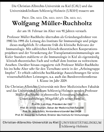 Traueranzeige von Wolfgang Müller-Ruchholtz von Kieler Nachrichten