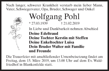 Traueranzeige von Wolfgang Pohl von Märkischen Allgemeine Zeitung