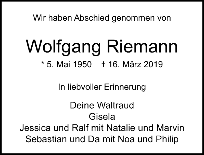  Traueranzeige für Wolfgang Riemann vom 31.03.2019 aus Lübecker Nachrichten