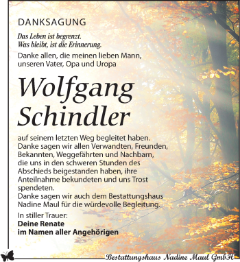 Traueranzeige von Wolfgang Schindler von Leipziger Volkszeitung