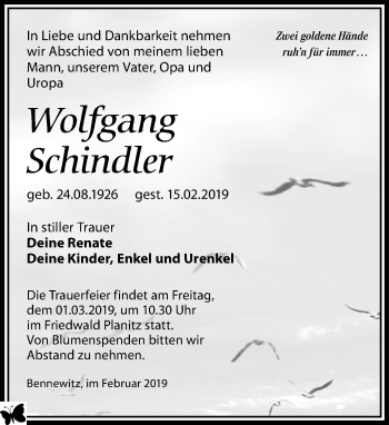 Traueranzeige von Wolfgang Schindler von Leipziger Volkszeitung