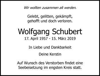 Traueranzeige von Wolfgang Schubert von Lübecker Nachrichten
