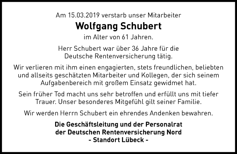  Traueranzeige für Wolfgang Schubert vom 24.03.2019 aus Lübecker Nachrichten